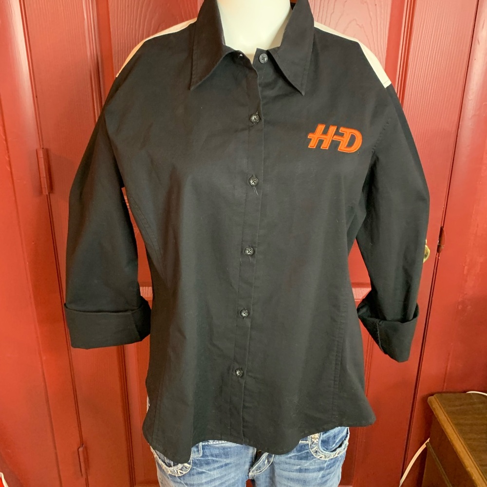 HARLEY DAVIDSON Embroidered Mens Long Sleeve Button Up Black orange sz xL